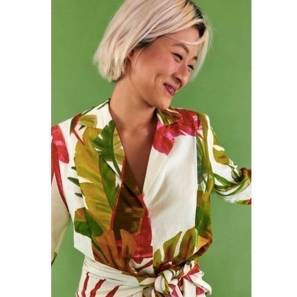 FARM Rio Spring Forest Floral Front Wrap Long Sleeve Shirt Mini Dress NEW Small - Picture 6 of 15